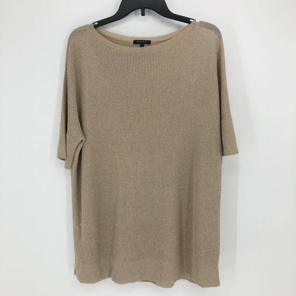 Lafayette148 Womens Knit Top M/L Tan Sparkle Linen Blend Boat Neck Short Sleeve